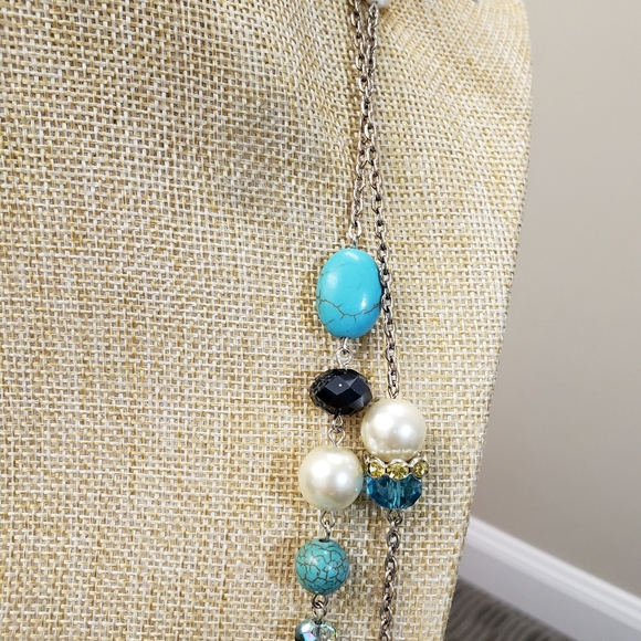 St Emerald, NWT, 2 turquoise, pearl beaded jeweled long silver fashion necklaces - Picture 9 of 16